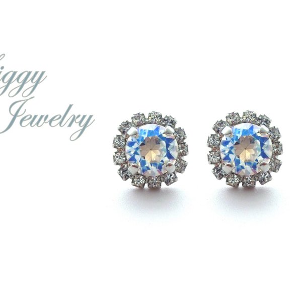 Crystal Moonlight 8mm Stud Halo Earrings, Rhodium Finish, Clear Crystal Halo - Picture 1 of 6